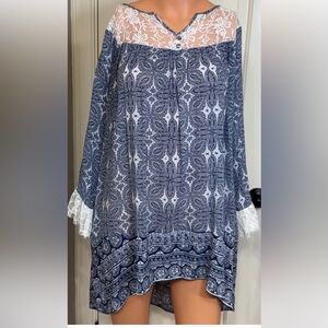 Umgee Boho Lace Yoke Tunic Dress Blue White Flowy Long Sleeve Small